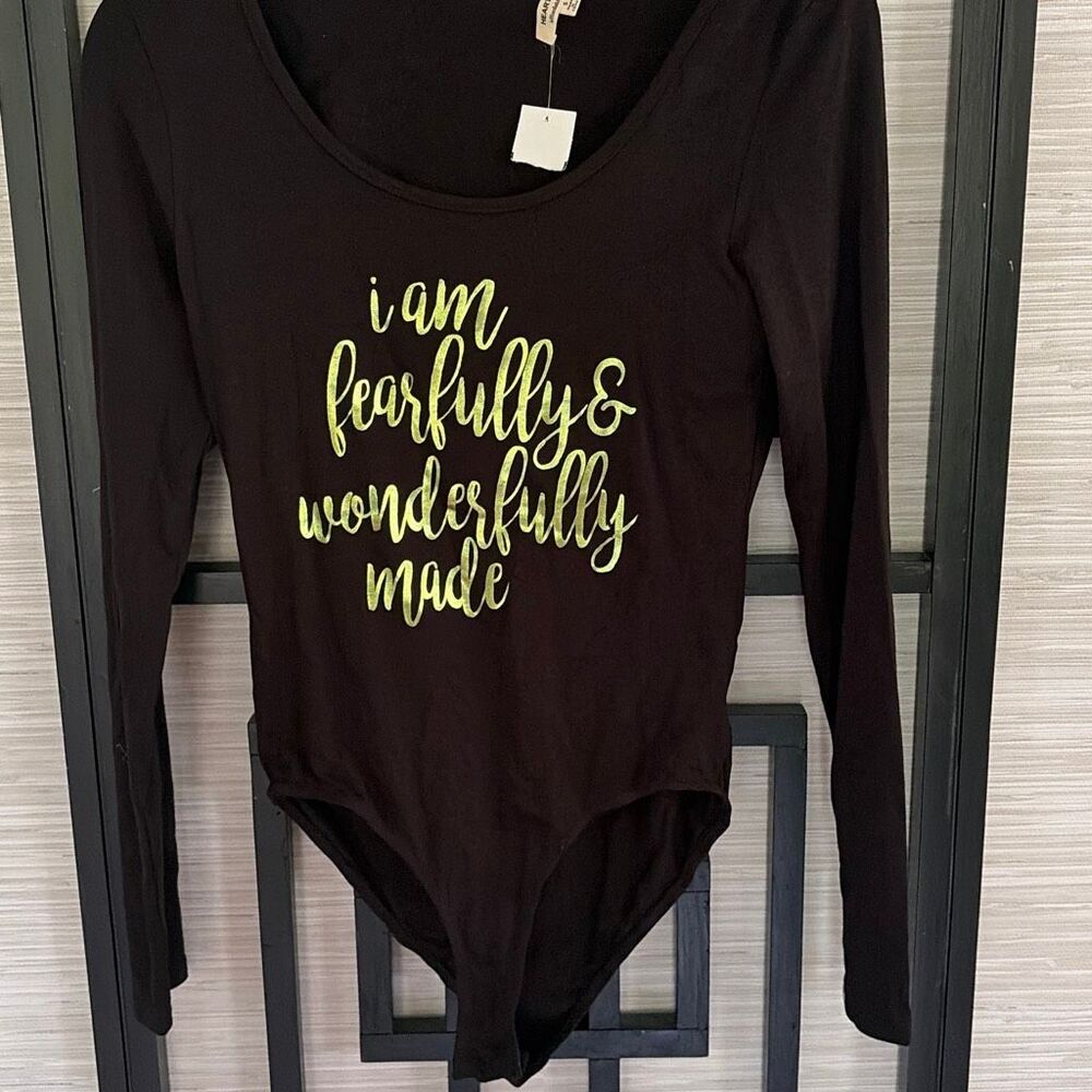 NWT Heart & Hips I am fearfully and wonderfully made long sleeve black bodysuit
